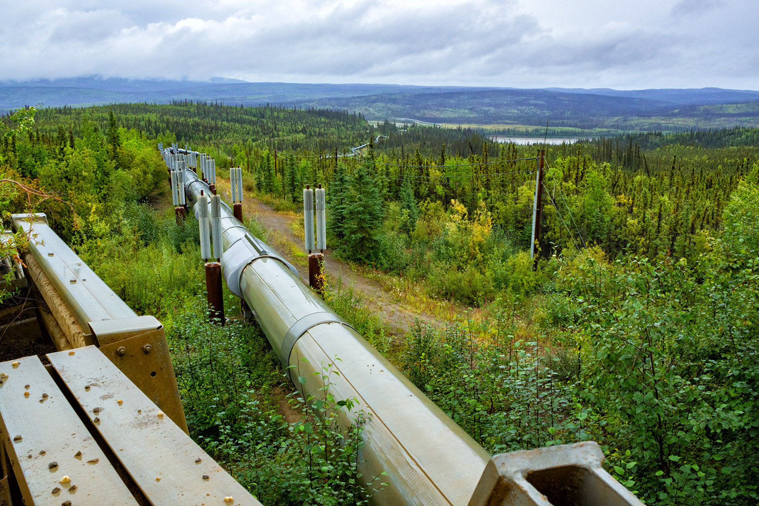 アラスカの大地に敷設された油田のパイプライン