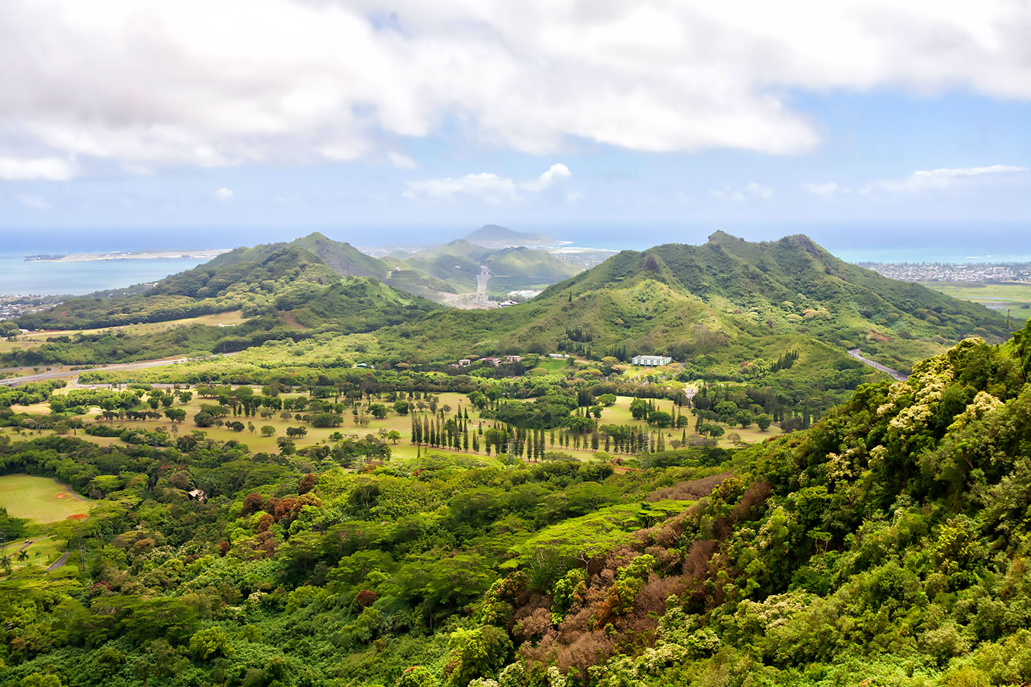 ハワイ、ヌウアヌ・パリ展望台から見たオアフ島