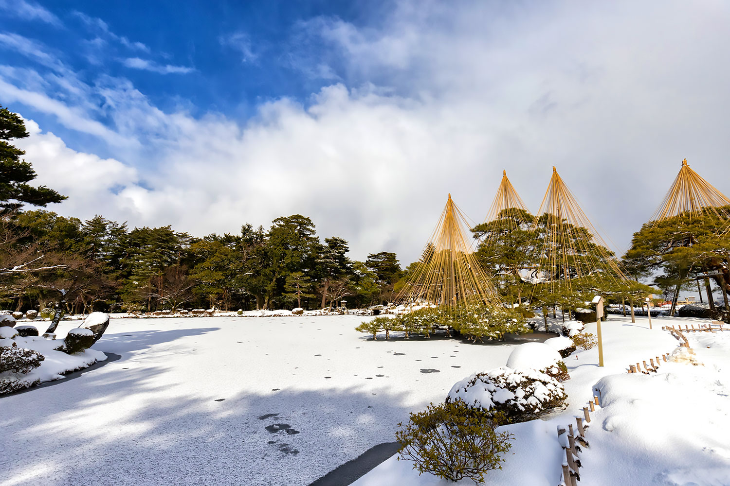雪の兼六園、凍った霞ヶ池と松の雪吊り